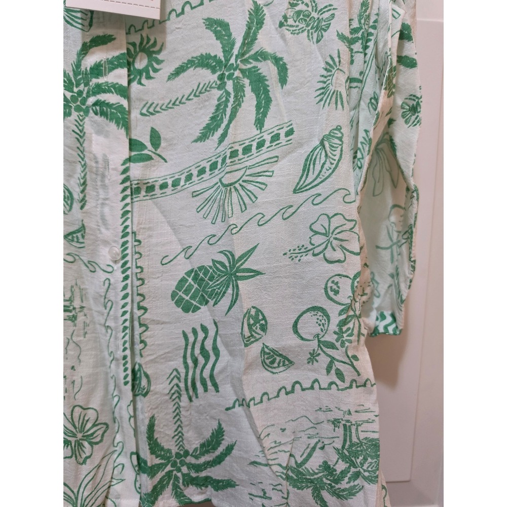 NWT Zac & Rachel Woman 2X Tropical Toile Button Up Blouse Green White Palm Tree - Picture 5 of 6